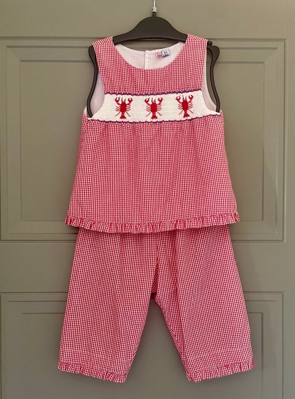 Red Gingham Crawfish Smocked Capri Top Outfit Girls 7 Lobster